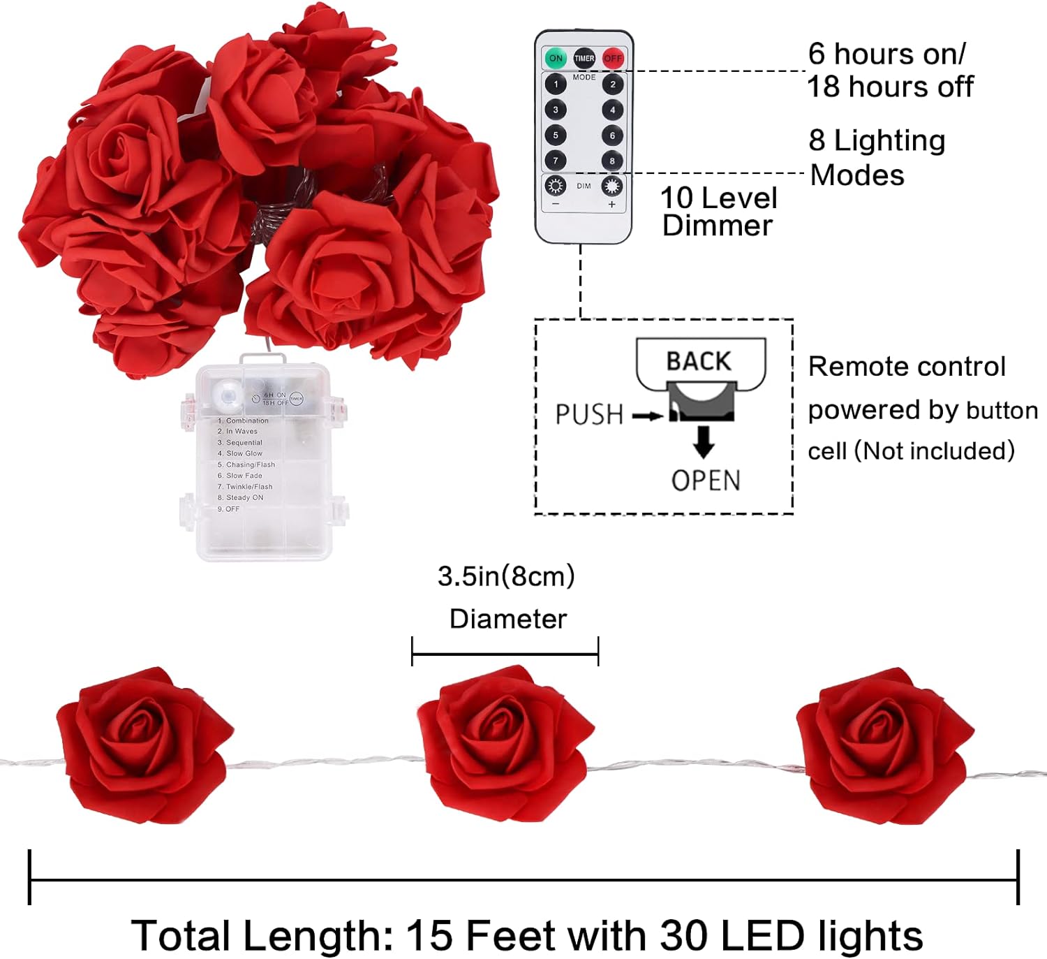 Valentine's Day Decoration, 10FT Rose 8 Modes String Lights with 20 LEDs and Remote