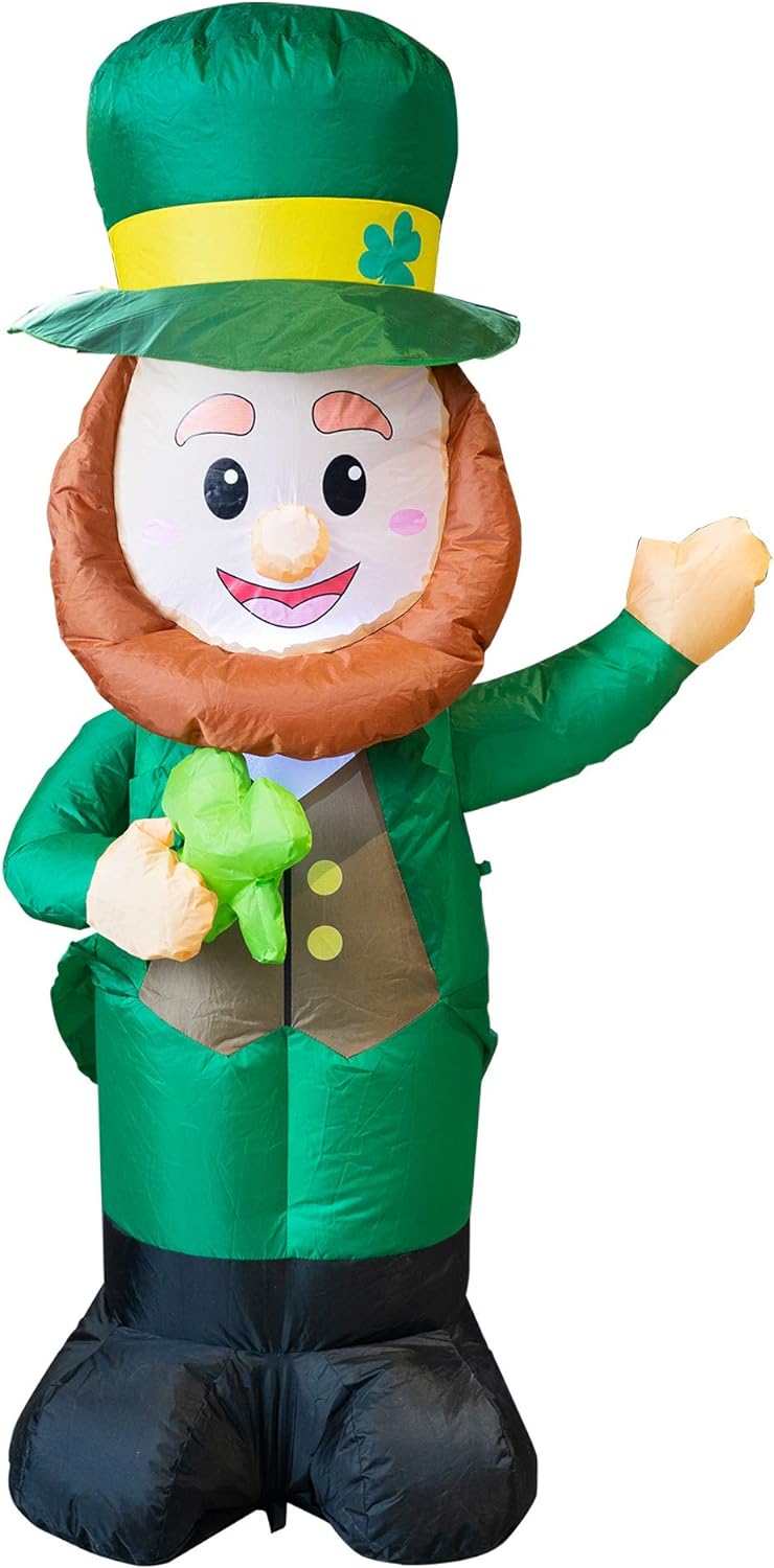 4FT Blow Up Leprechaun with Green Hat and Lucky Clover, Inflatable St Patrick's Day Decoration