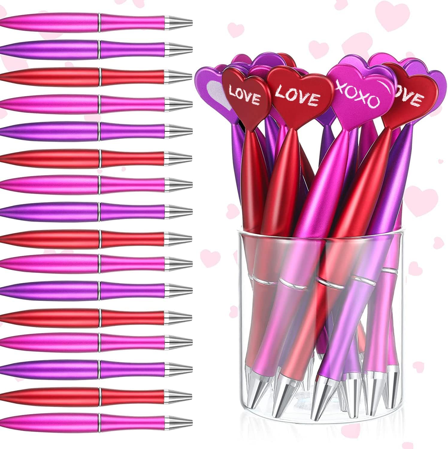 Heart Shaped Valentine's Day Pens Heart Ballpoint Pens 48 Pieces (Red, Pink, Purple, XOXO, LOVE)