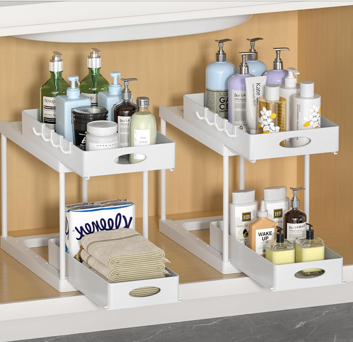 Under Sink Organizer with 2 Sliding Drawers 2 Pack Bathroom Organizer Under Cabinet, White