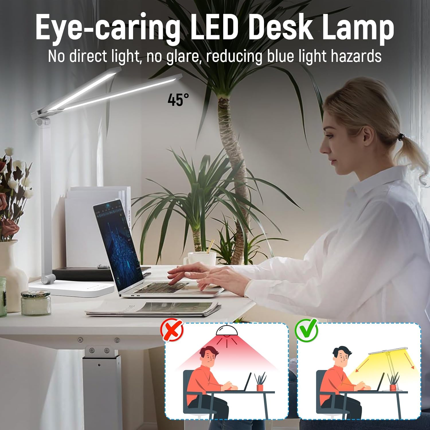 Dual Bright LED Desk Lamp, Foldable Dimmable Foldable Table Lamp with 5 Modes for Home Office, White