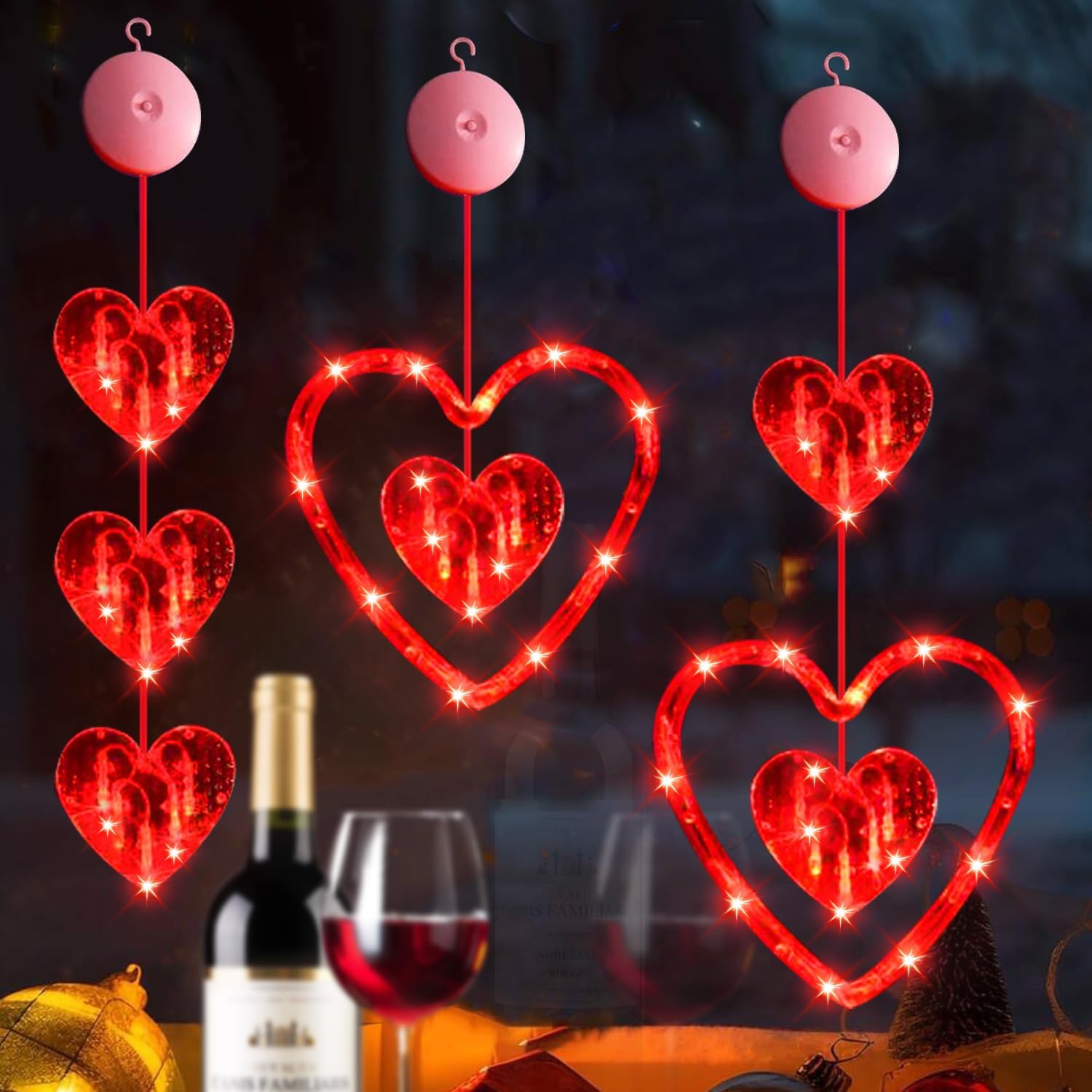 Valentines Day Window Curtain Battery Operated Fairy Lights. 3 Pack Heart Shaped Window Lights Valentines Decorations Lights, Battery Operated