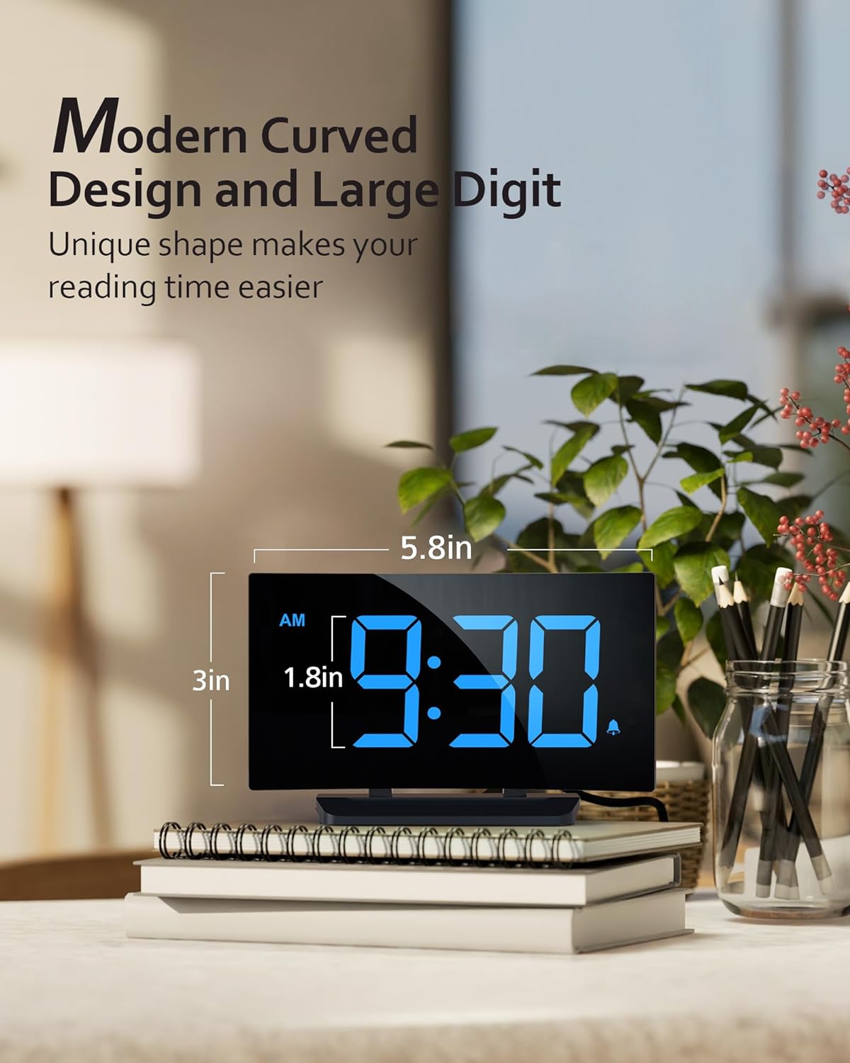 Digital Alarm Clock Digital Clock with Modern Curved Design Blue LED Numbers