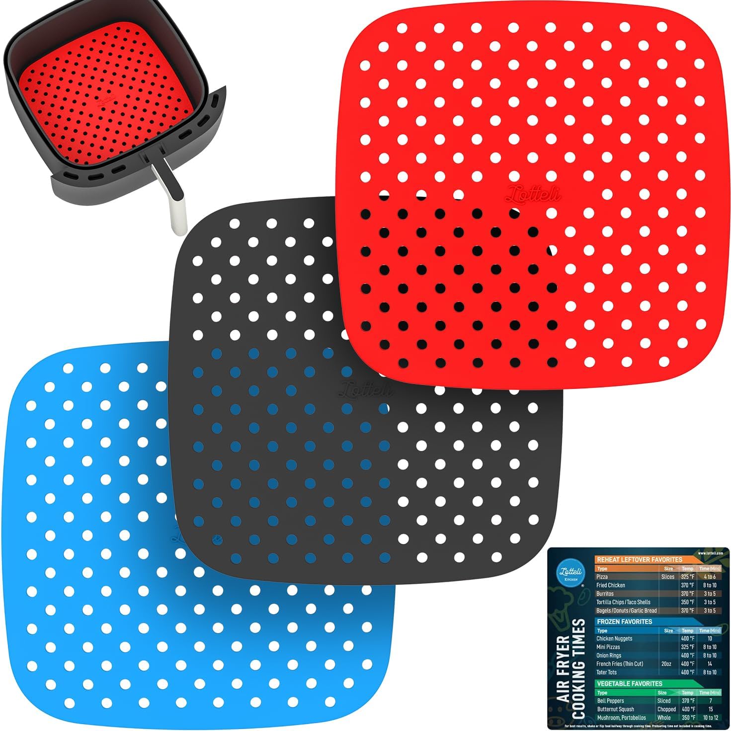 Air Fryer Liners Reusable Silicone 8.5" Square with Air Fryer Magnetic Cheat Sheet