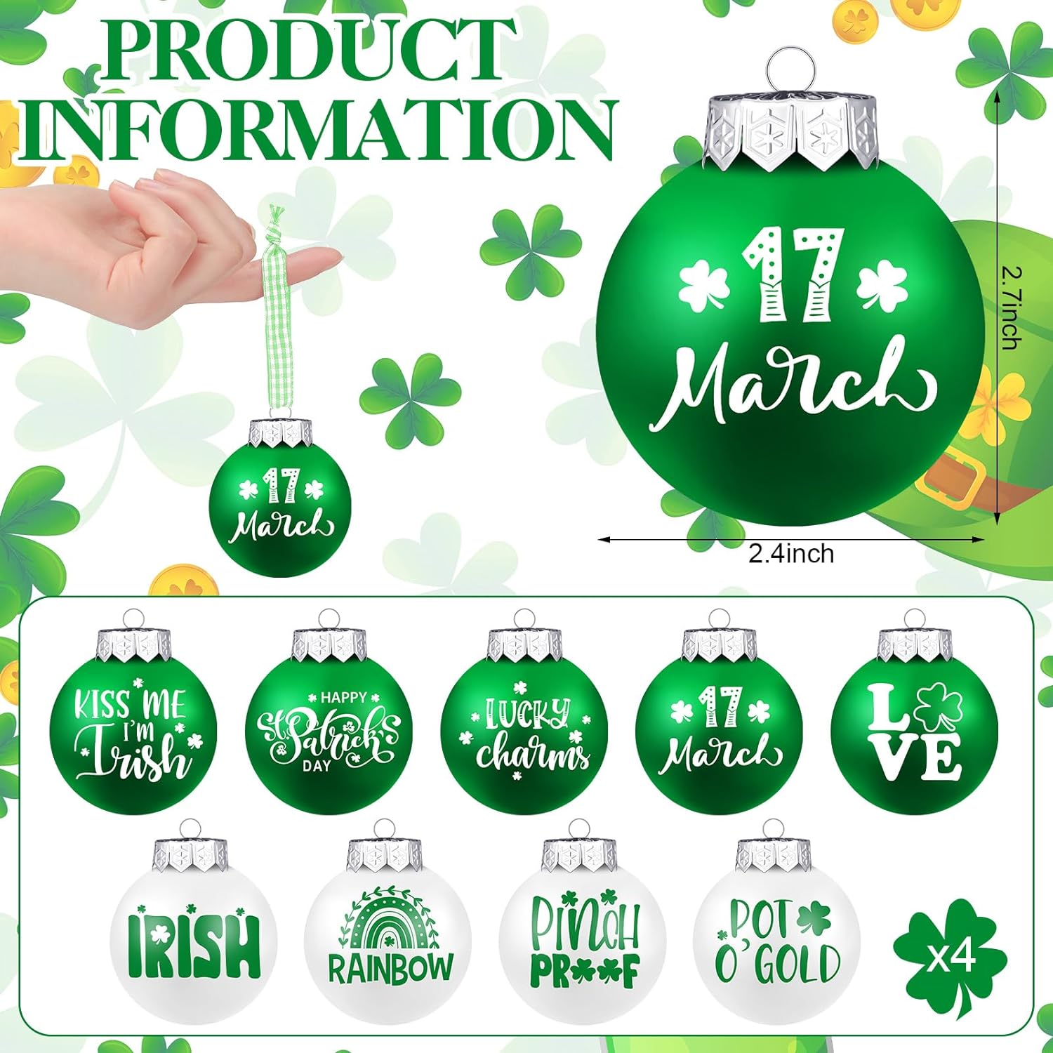 St. Patrick's Day Ball Assorted Ornaments 36PCS Decoration, Green and White Colors
