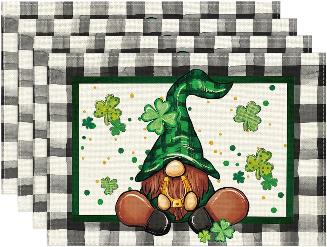 St. Patrick's Day Placemats Set of 4 Buffalo Plaid Gnome Shamrock (12" x 18")