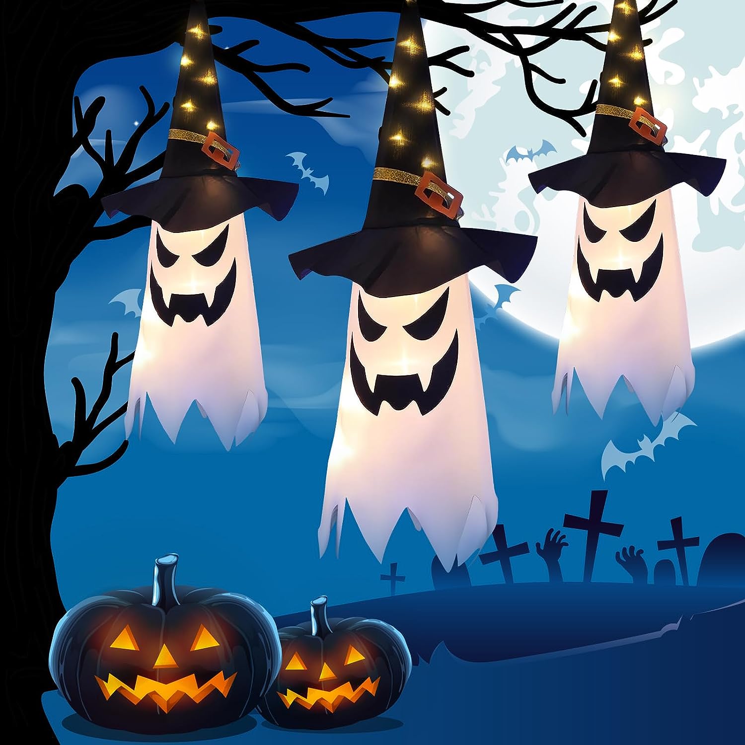 Halloween Decorations 3PCS Lighted Hanging Ghost with Witch Hat