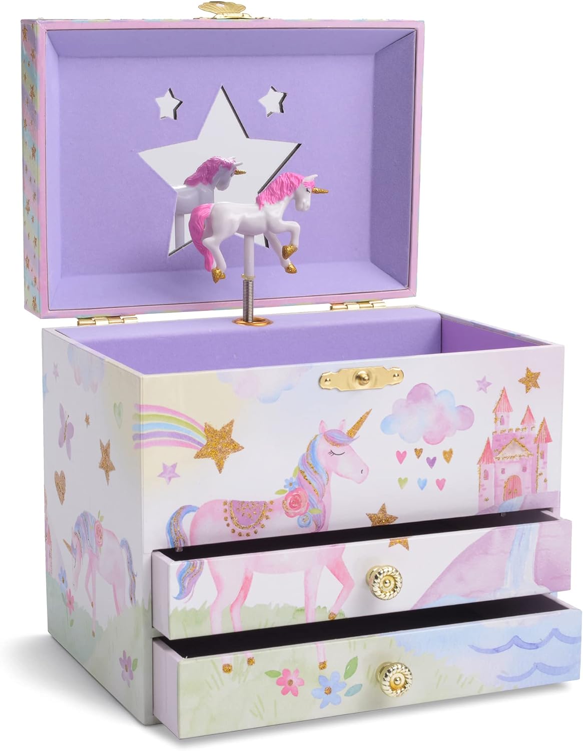 Jewelry Storage Box with Glitter Rainbow and Stars Unicorn Design Unicorn Music Box