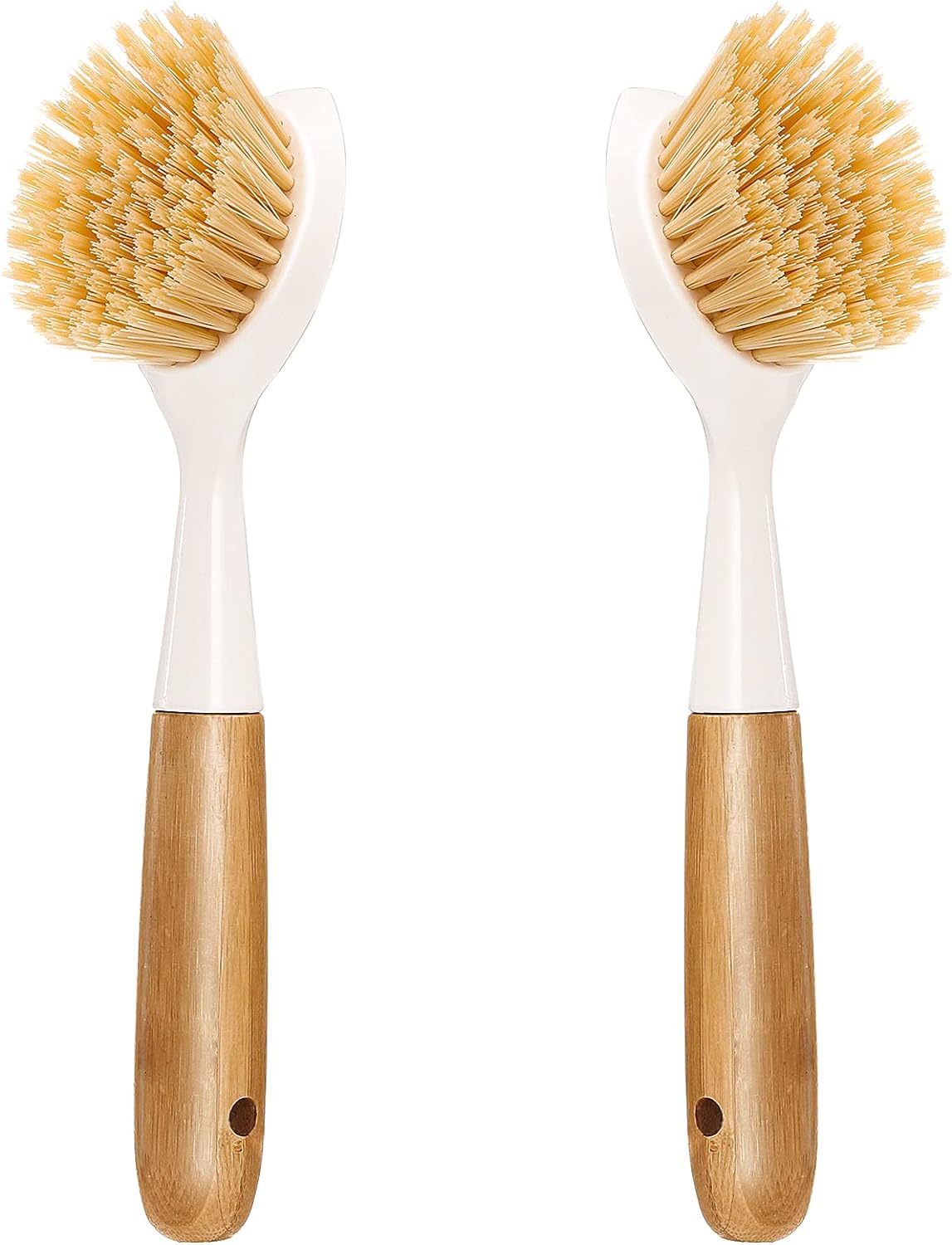 Kitchen Dish Brush 2 Pack Bamboo Handle Dish Scrubber Built-in Scraper, White