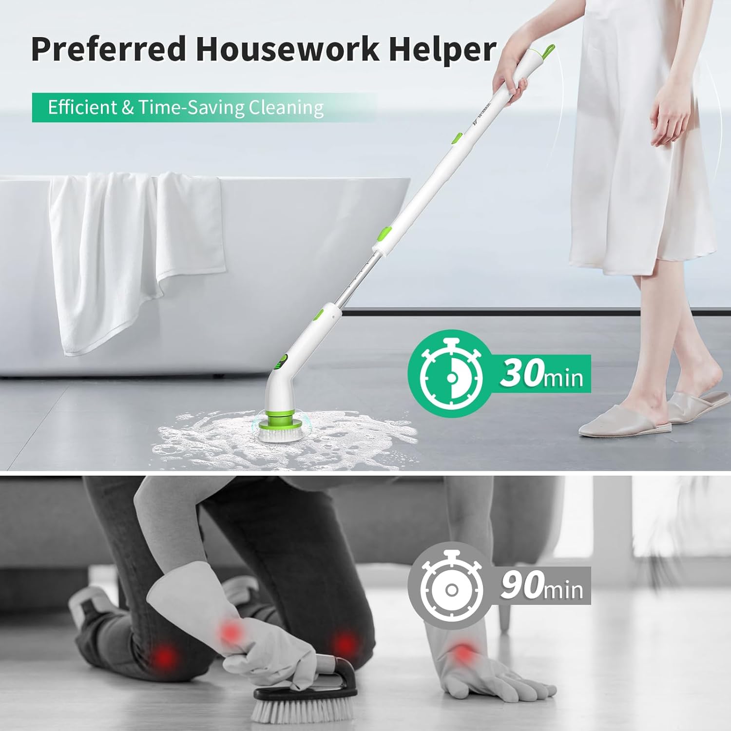 Electric Spin Scrubber Shower Bathroom Scrub Brush with 3 Replaceable Cleaning Heads, 2 Speed Modes, 50.5''Long Handle, IPX8 Waterproof