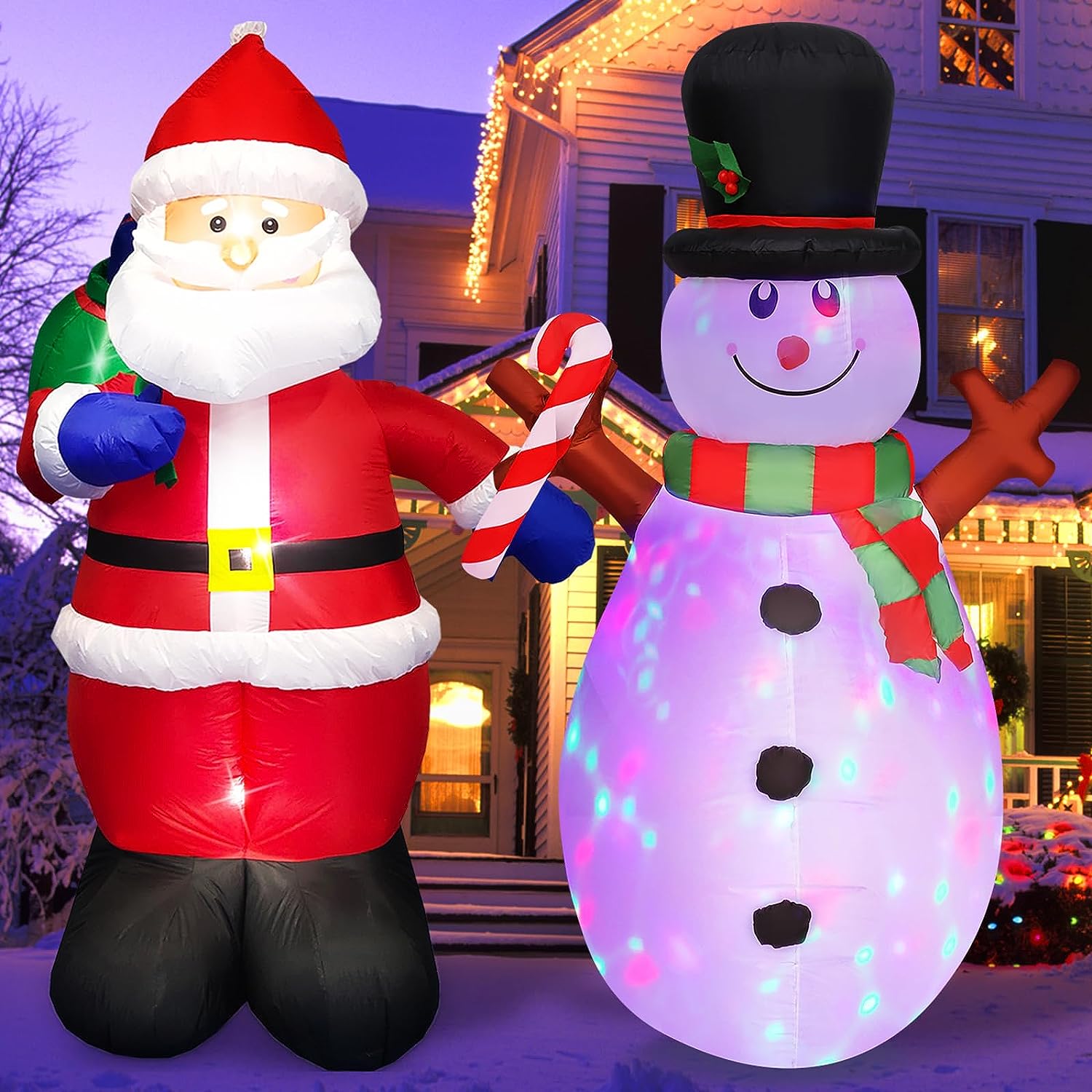 Christmas Inflatable 5 FT Snowman Santa Set of 2 with Rotating Lights and Santa Claus with Bright Lights