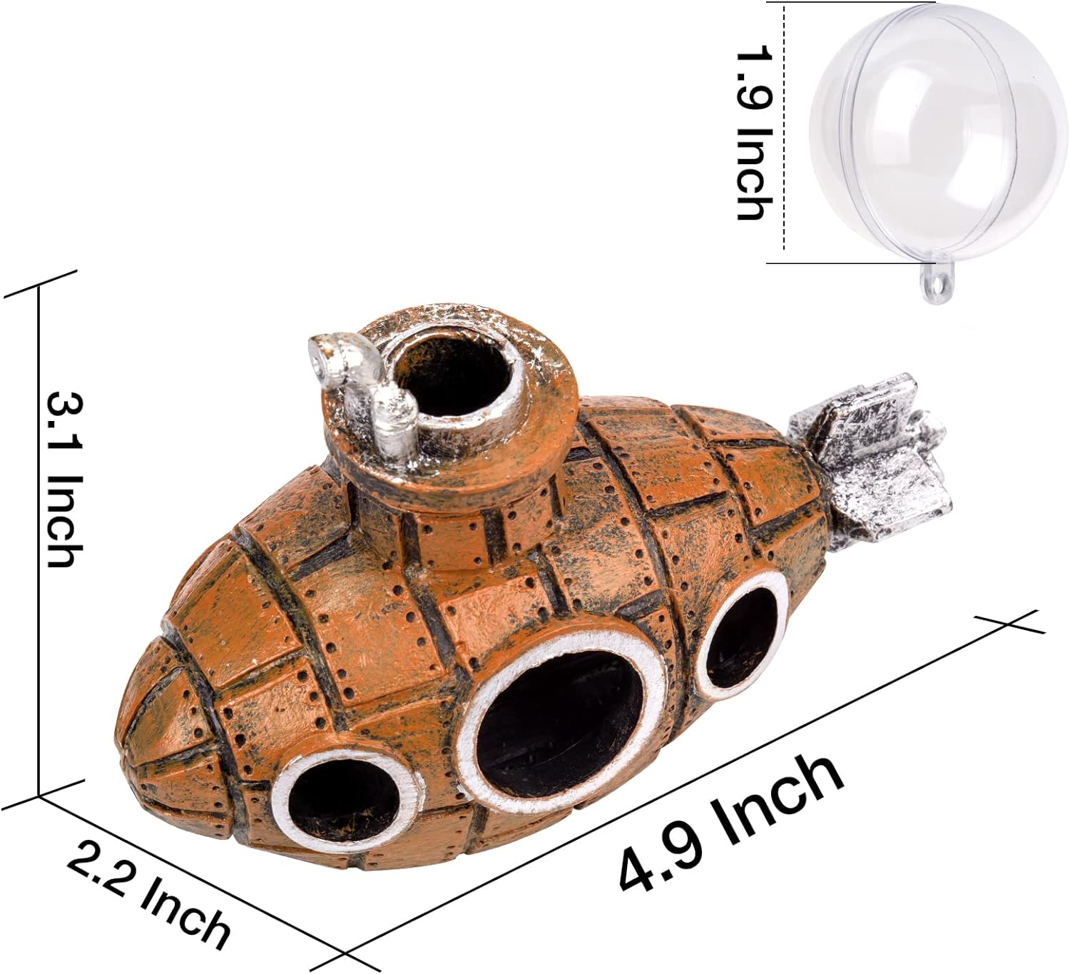 Aquarium Decoration with Two Float Balls Little Cute Retro Submarine Floating Fish Tank Decoration (4.9"D x 2.2"W x 3.1"H)