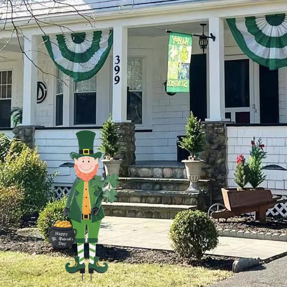 St Patricks Day Garden Stakes Irish Leprechaun with Shamrock Gold Pot for Home Yard Porch Lawn Decorative Decorations Outdoor