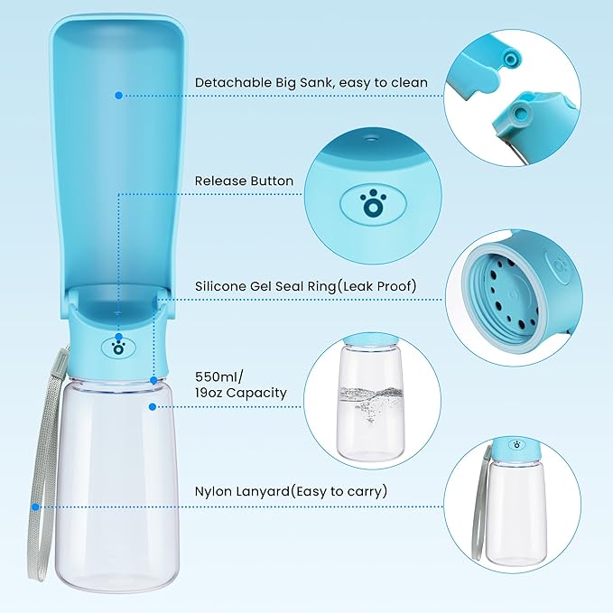 Portable Dog Water 19oz Bottle Dispenser for Puppy Small Medium Large Dogs Pet Water Bottles, Blue