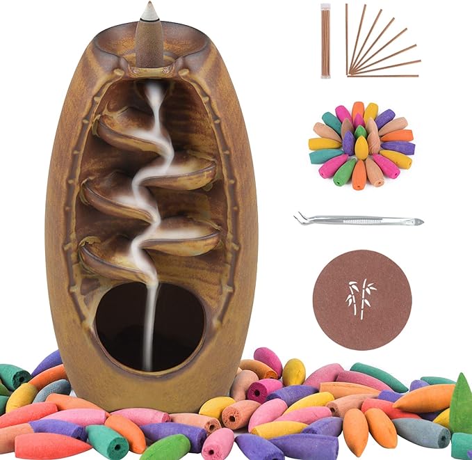 Ceramic Backflow Incense Holder Incense Burner Waterfall with 120 Backflow Incense Cones & 30 Incense Stick