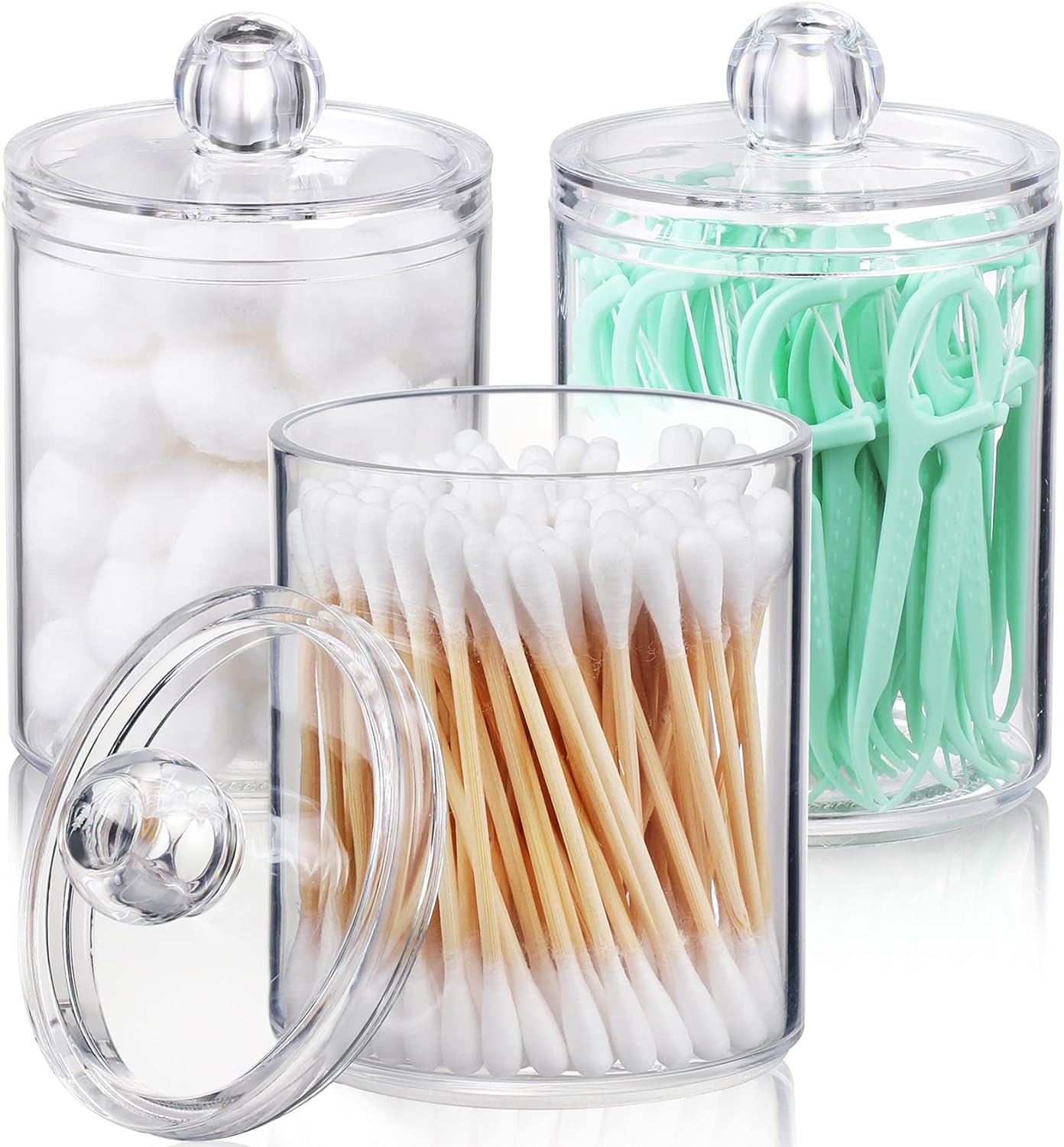 Qtip Holder Clear Dispenser 10oz, 3 Pack for Cotton Ball, Cotton Swab, Cotton Round Pads, Floss