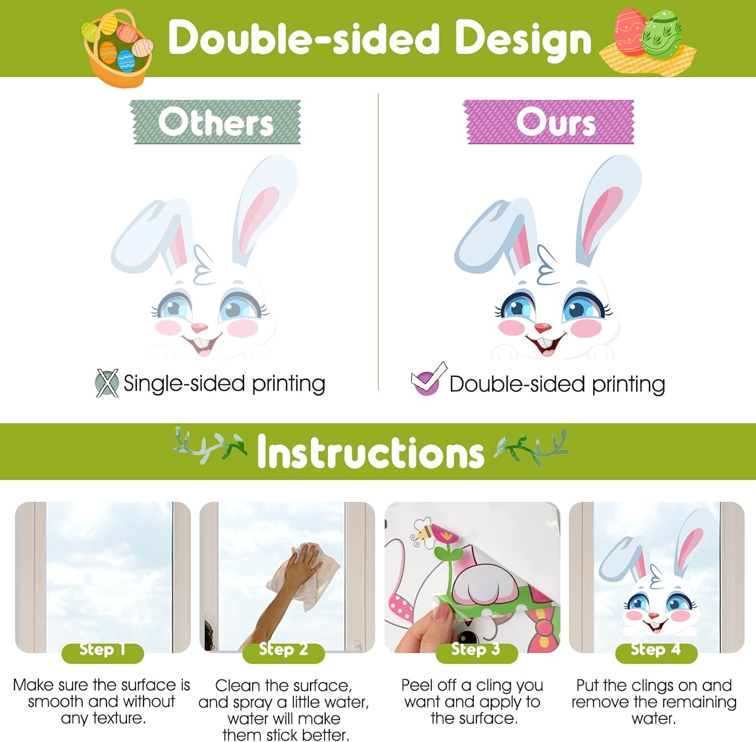 Easter Decorations Window Clings  Sheets 194 PCS Double Sided Cute Large Bunny Eggs Happy Easter Window Clings