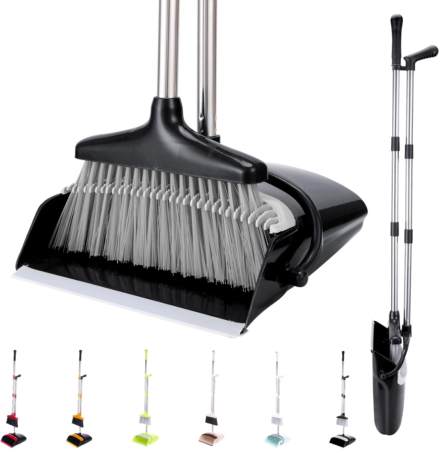 Broom and Dustpan Set with Long Handle for Home Kitchen Office Pet Dog Hair (Black-Grey)