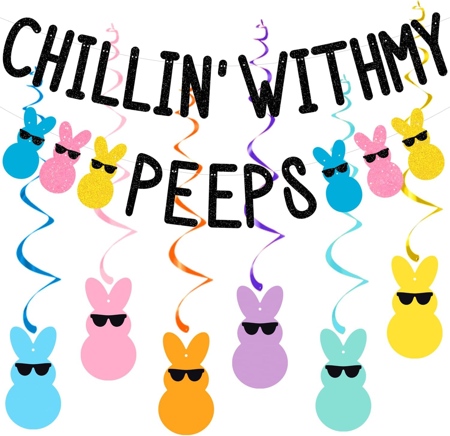 Chillin with my Peeps Banner Sign with Hanging Swirls Happy Easter Banner, Pre Assembled Decoration for Easter