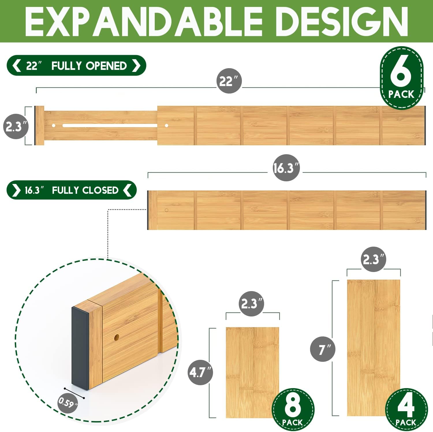 Drawer Dividers 6 Pack Bamboo Dividers with 12 Inserts, Expandable Kitchen Drawer Organizer 16.3" - 22"