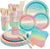 168PCS Disposable Dinnerware Pink and Gold Pastel Party Supplies, Serves 24 Guests