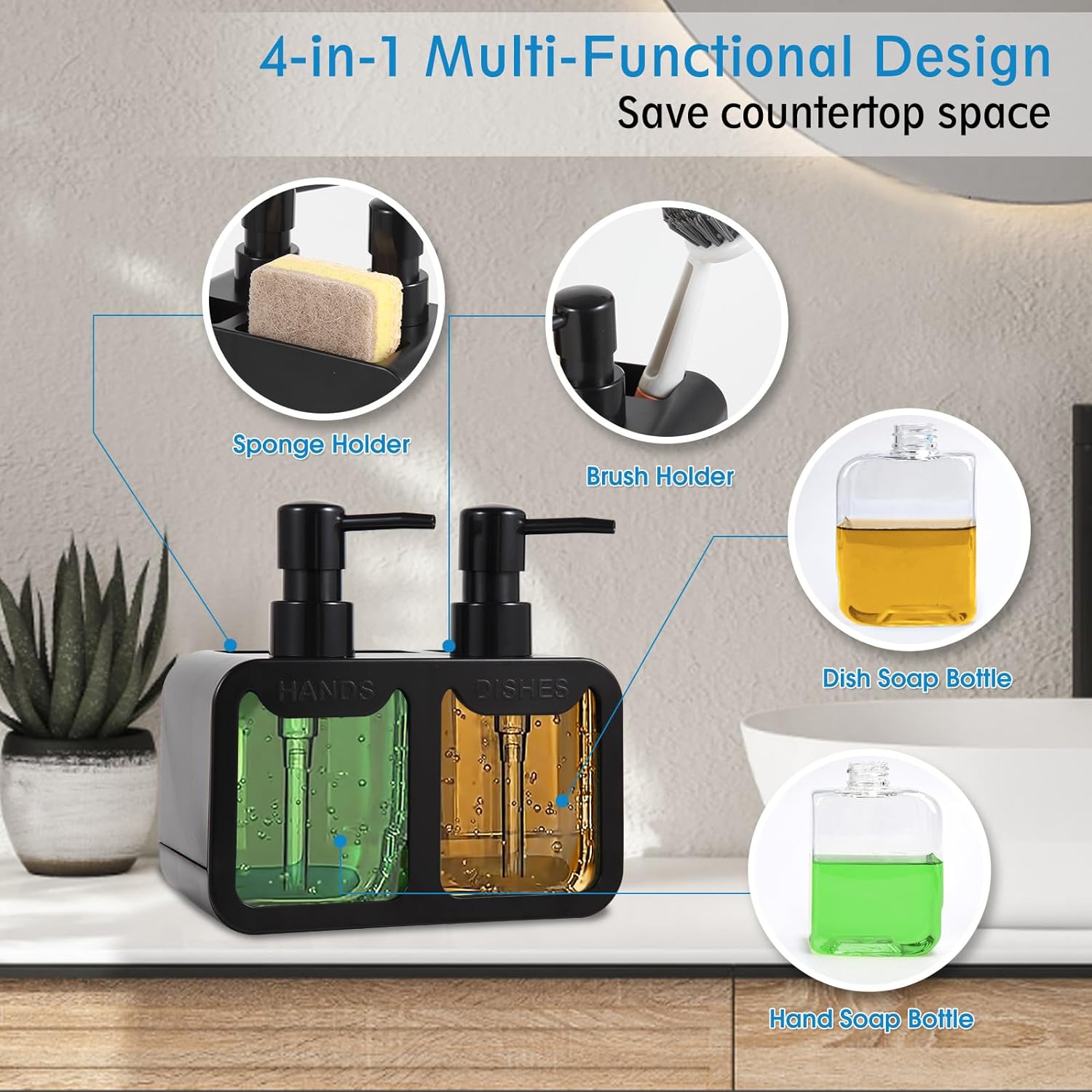 Hand and Dish Kitchen Soap Dispenser Set with Sponge Caddy and Brush Holder, Black