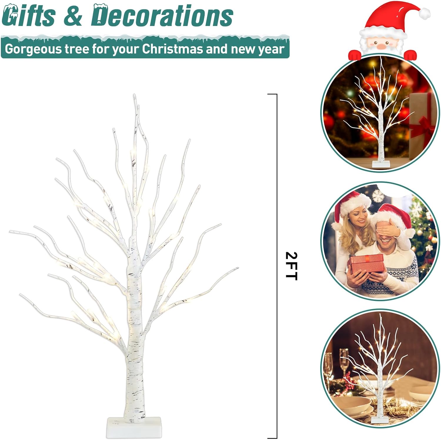 Christmas Decor 2FT Birch Tree with LED Lights, White