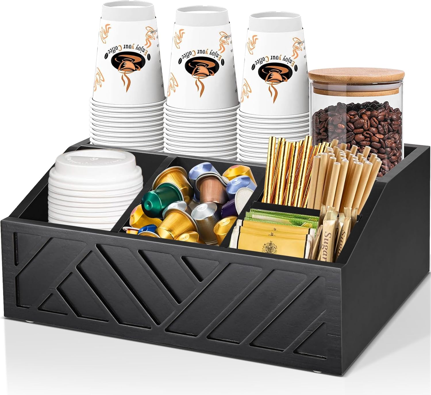 Wood Coffee Bar Organizer for Coffee Bar Accessories, Black