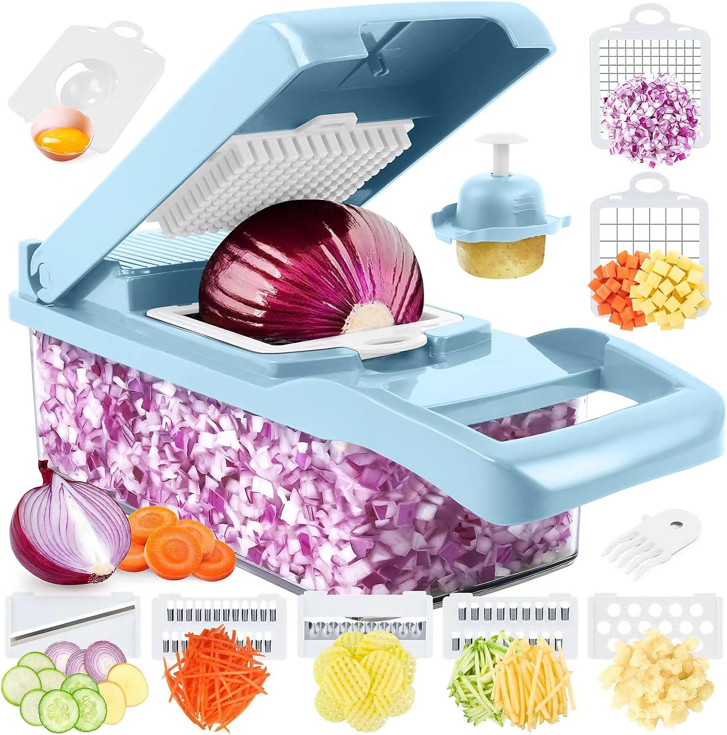 Multifunctional Vegetable Chopper 13 in 1 Food Chopper With 8 Blades for Onion Carrot and Garlic With Container (Blue)