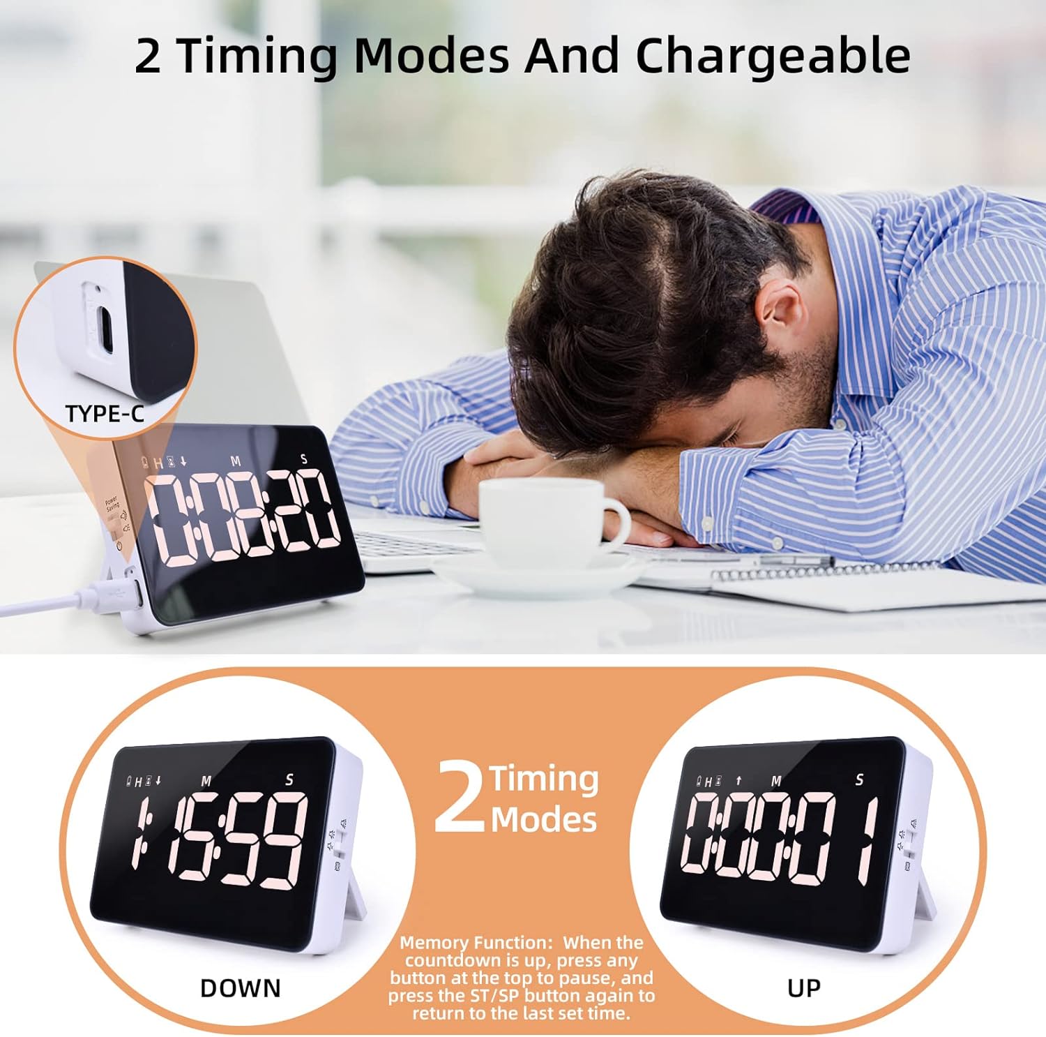 Rechargeable Digital Kitchen Magnetic Timer with 5” LED Display