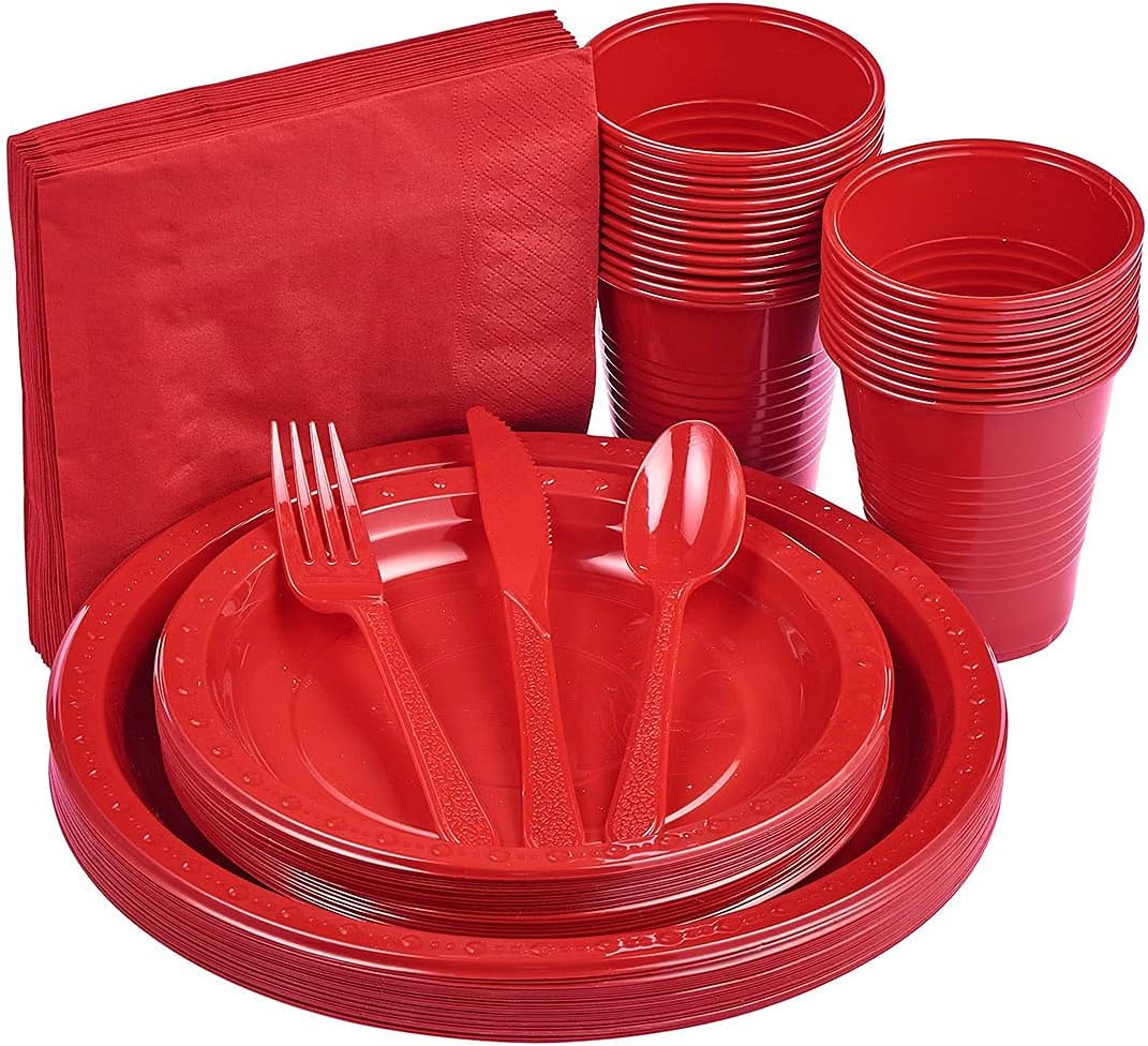 Plastic Dinnerware Set Disposable Party Supplies (Red, 175pcs)