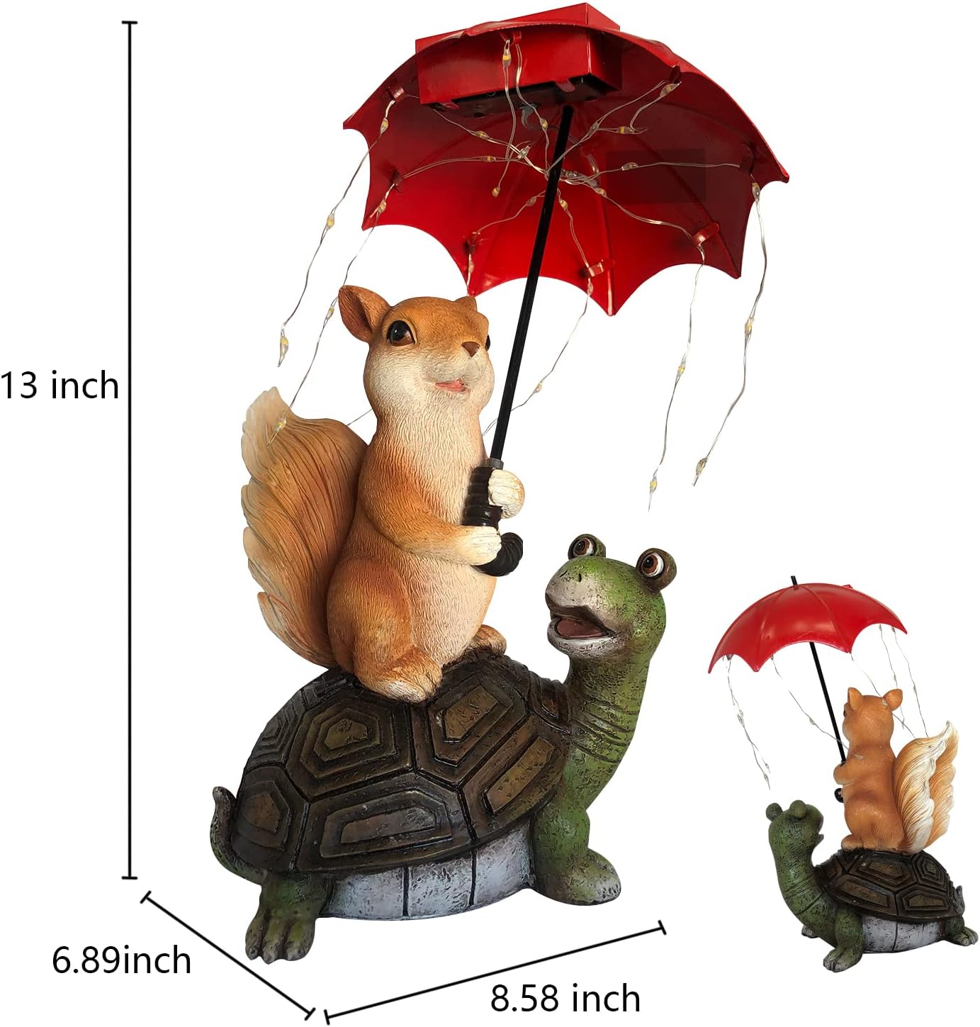 Solar Garden Statue Squirrel Standing on Turtle Holding Umbrella with String Lights for Patio Lawn Yard Decoration Garden Ornaments