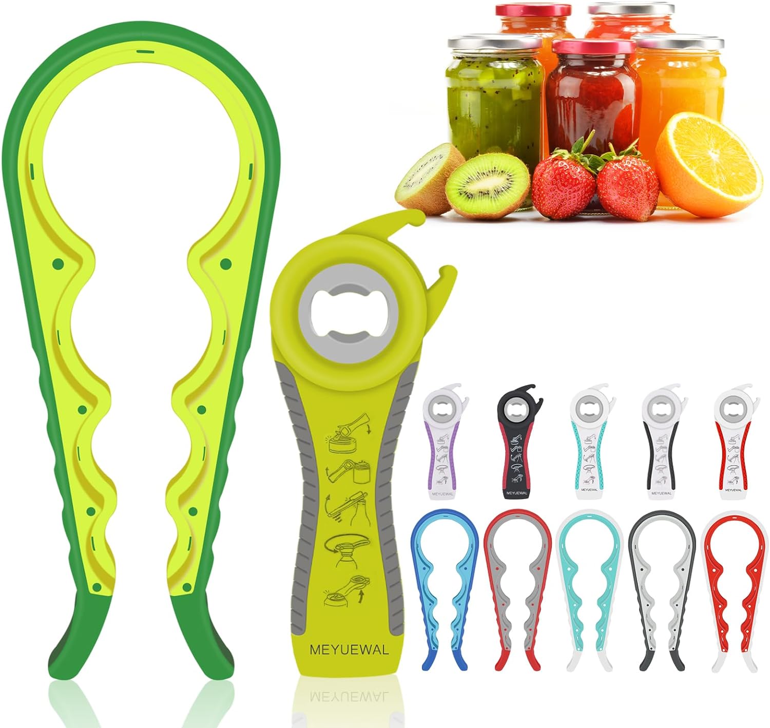 Jar Opener Bottle Opener Kit with Silicone Handle 5 in 1 Multi Function Opener, Green