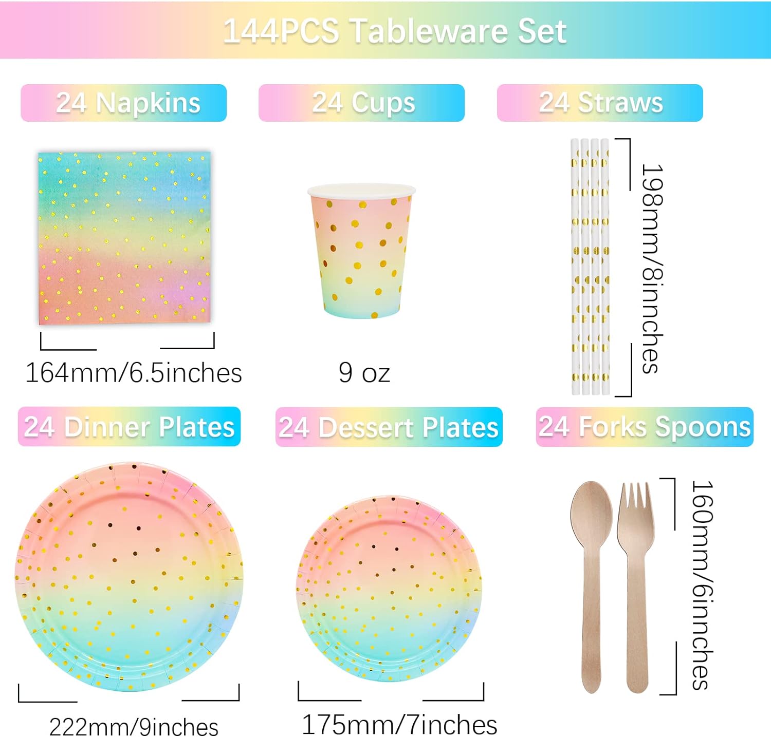 168PCS Disposable Dinnerware Pink and Gold Pastel Party Supplies, Serves 24 Guests