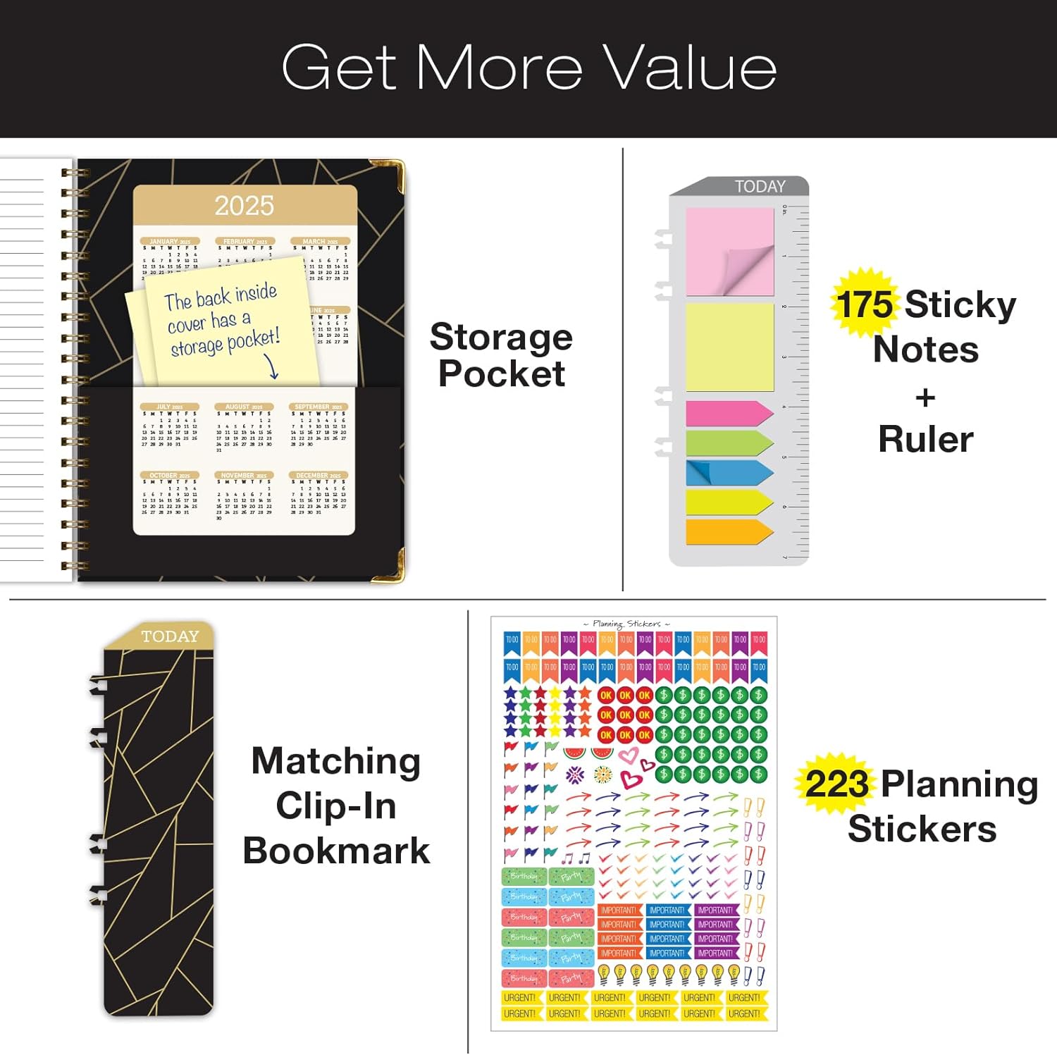 Black & Gold Foil Planner 2024 - Premium Cover, Bookmark, Pocket Folder & Sticky Notes Included