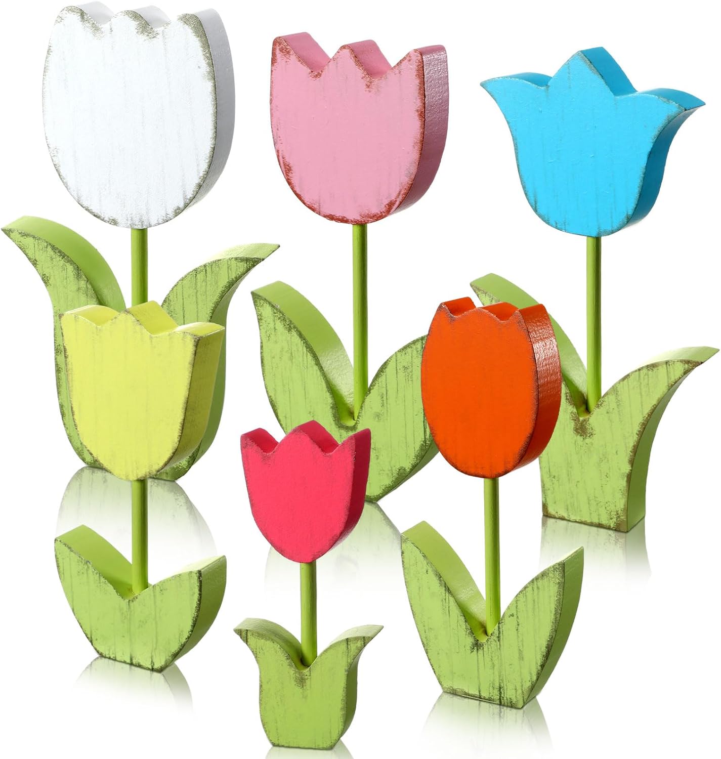 Farmhouse Tulips Wood Signs 6 Pieces Centerpiece Multicolor Floral Block Tabletop Signs