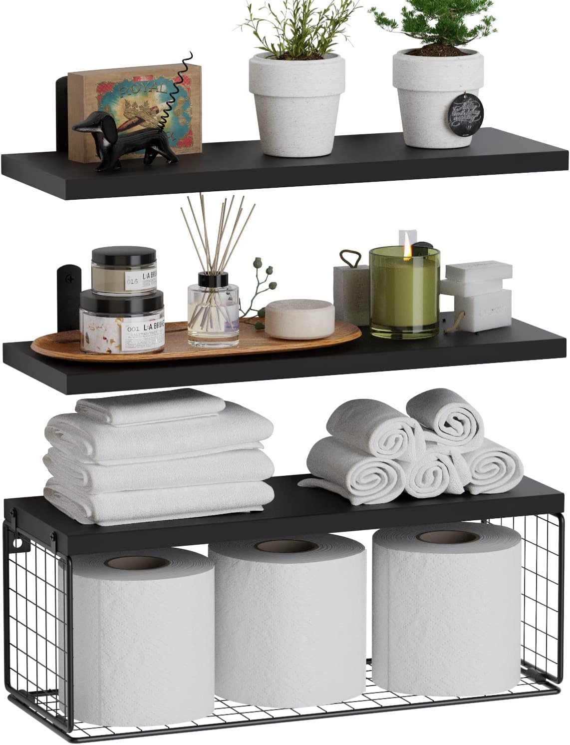 Floating Bathroom Shelf Wall Mounted with Wire Basket, Black