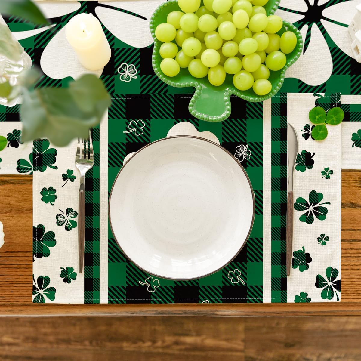 St. Patrick's Day Placemats Buffalo Plaid Shamrock, Set of 4, 12" x 18" for Party Kitchen Dining Decoration