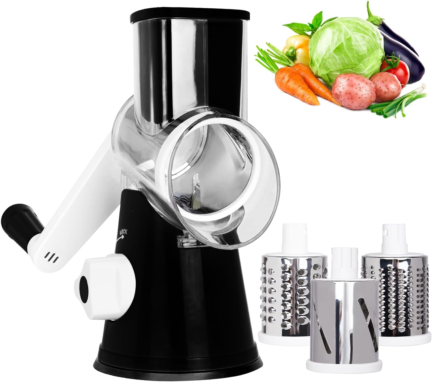 Manual Rotary Cheese Grater with Handle, Mandoline Vegetables Slicer Cheese Shredder with Strong Suction Base, 3 Drum Blades Cheese Shredder Included, Black