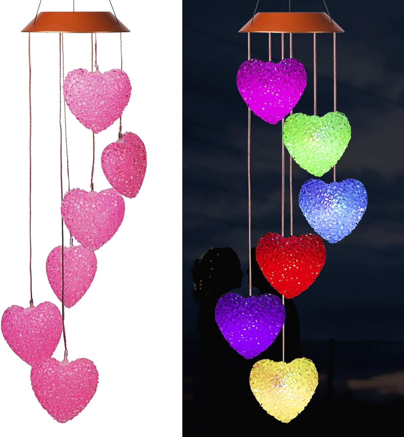 Hanging 6 Heart Solar Wind Chimes, Solar Powered LED Color Changing Waterproof Lights