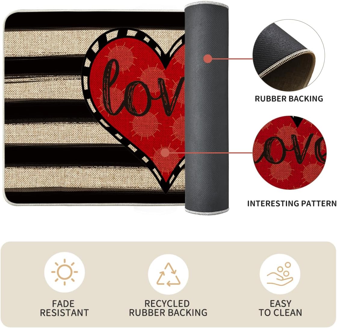 Valentine's Day Kitchen Mats Set of 2, Love Kisses Hugs Stripes (17" x 29" and 17" x 47")