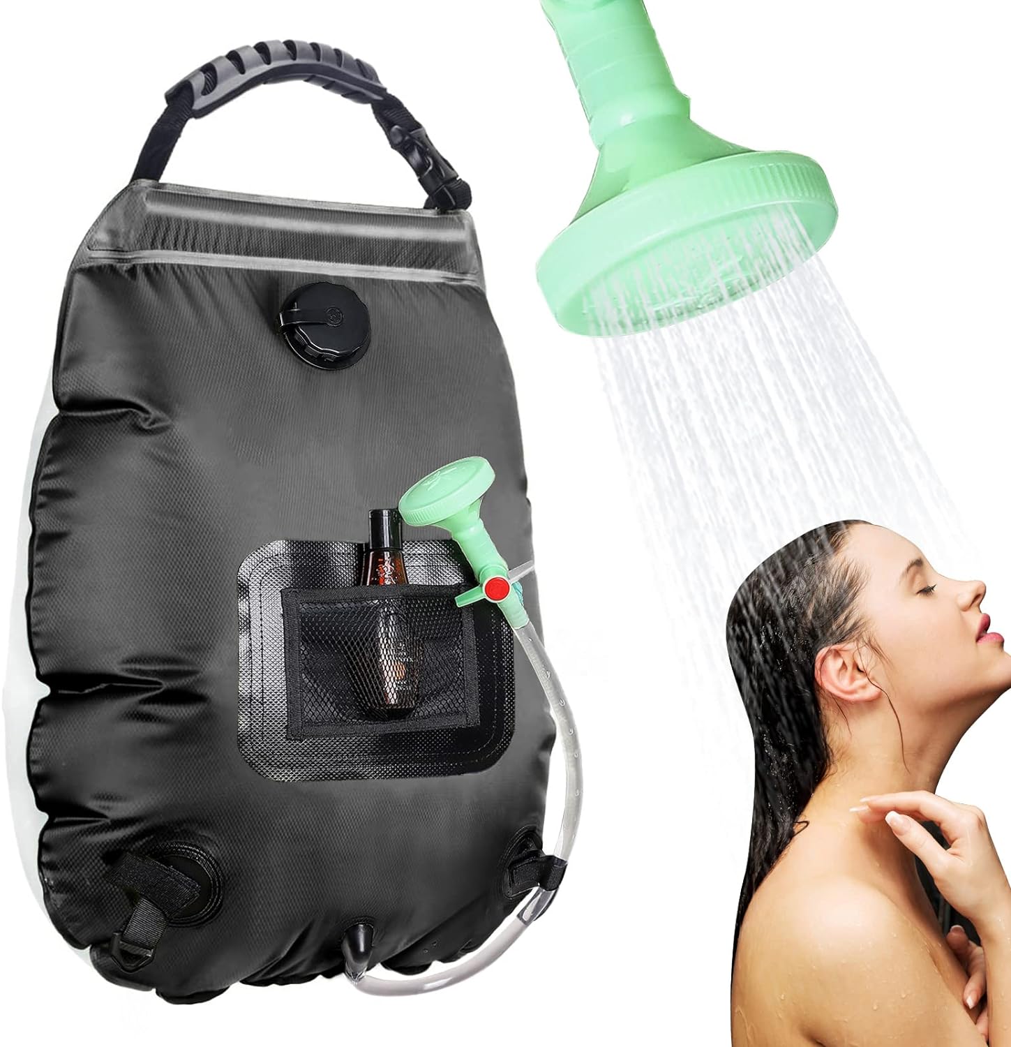 Solar Portable 5L Shower Bag with Removable Hose & On-Off Switchable Shower Head, Black