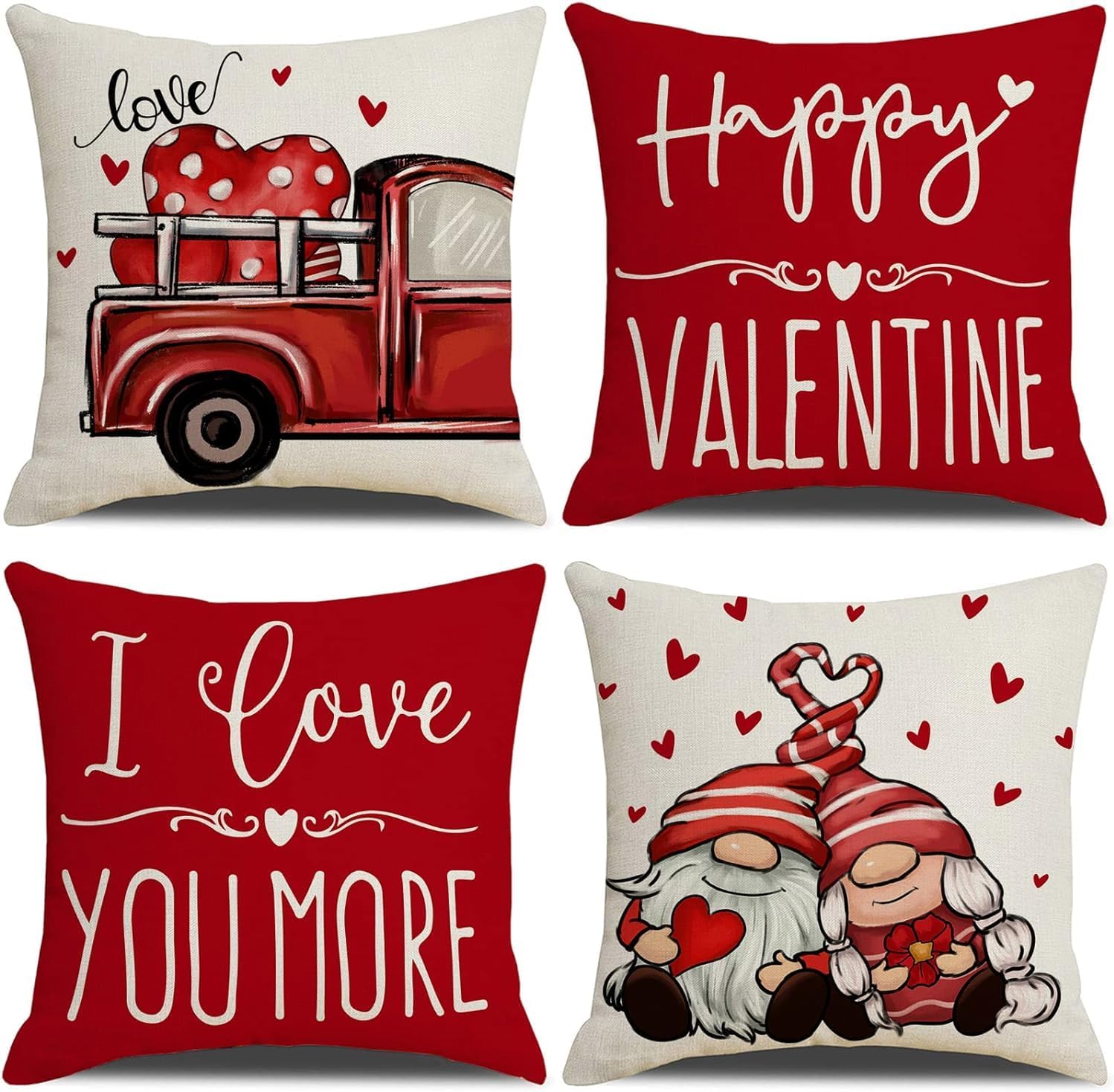 Set of 4 Red Valentines Day Pillow Covers (18" x 18") for Home, Love Heart Valentines Day Throw Pillows