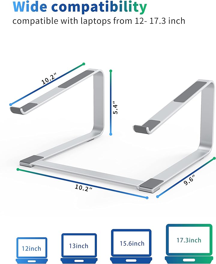 Heavy Stable PC Holder Laptop Stand for Desk, Metal Computer Riser for 12 to 17.3 Inches Notebook Computer, Silver