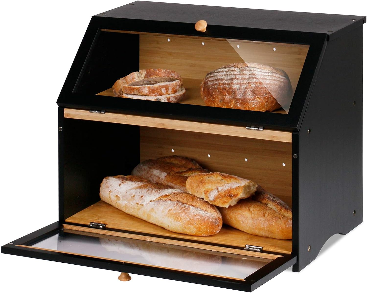 Double Layer Large Wooden  Bread Box for Kitchen Counter (Black)