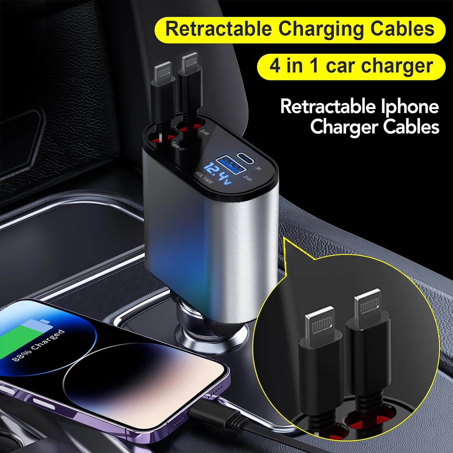 Retractable Car Fast Charger 60W with 2 Retractable iPhone Charger Cables and 2 USB Ports Car Charger Adapter