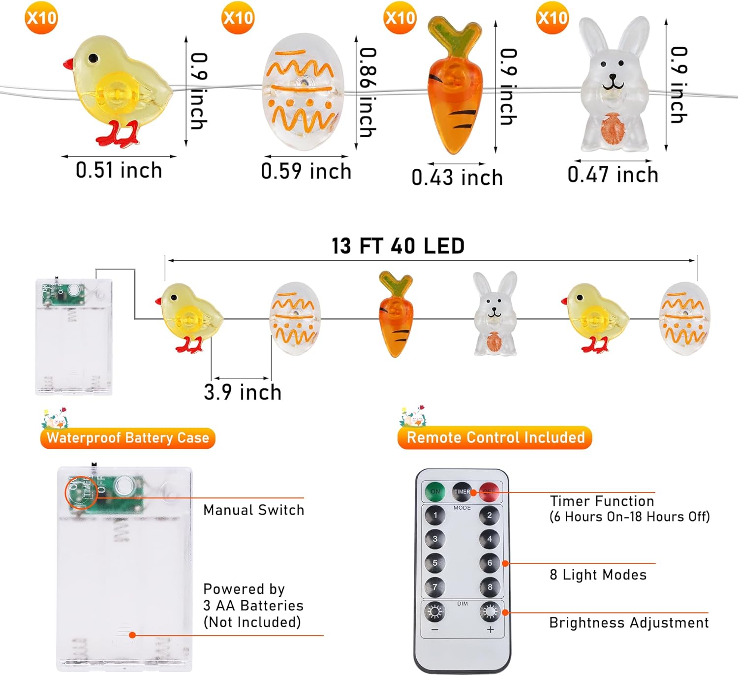 Easter Decorations Bunny Carrot Egg 13FT 40 LED Lights  for Home Table Indoor Outdoor Bedroom Party Holiday Spring Eggs Decor