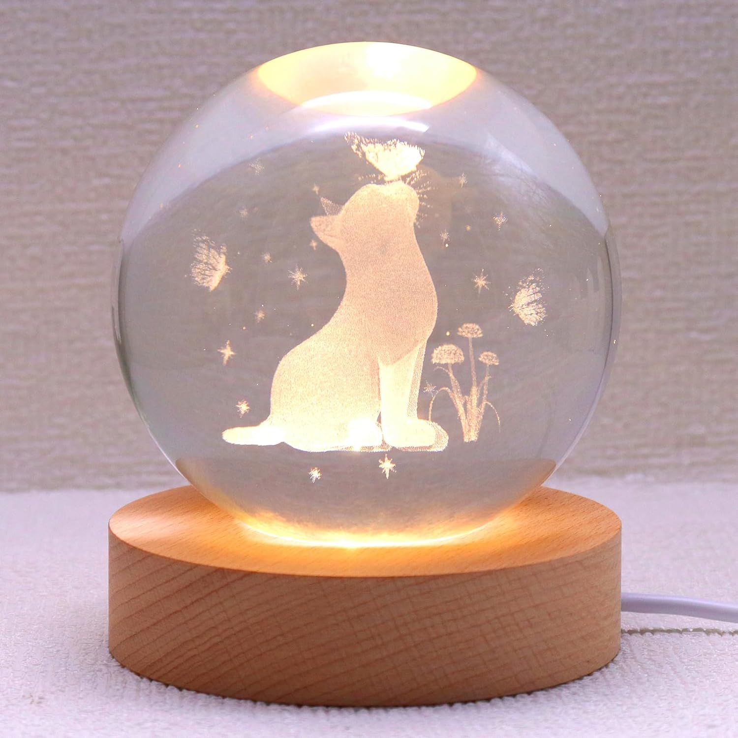 3D Cat Figurine Crystal Ball Lamp, 3.15" Cat Light Lamp with Wooden Base