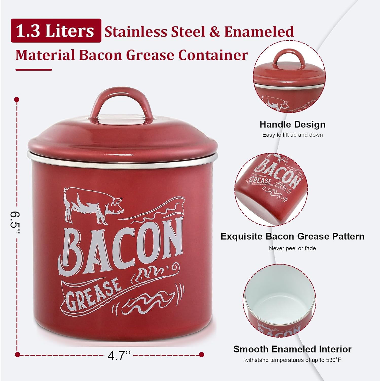 Bacon Grease Saver Container with Fine Strainer 1.3L,Red Enamel & Stainless Steel Oil Keeper Can