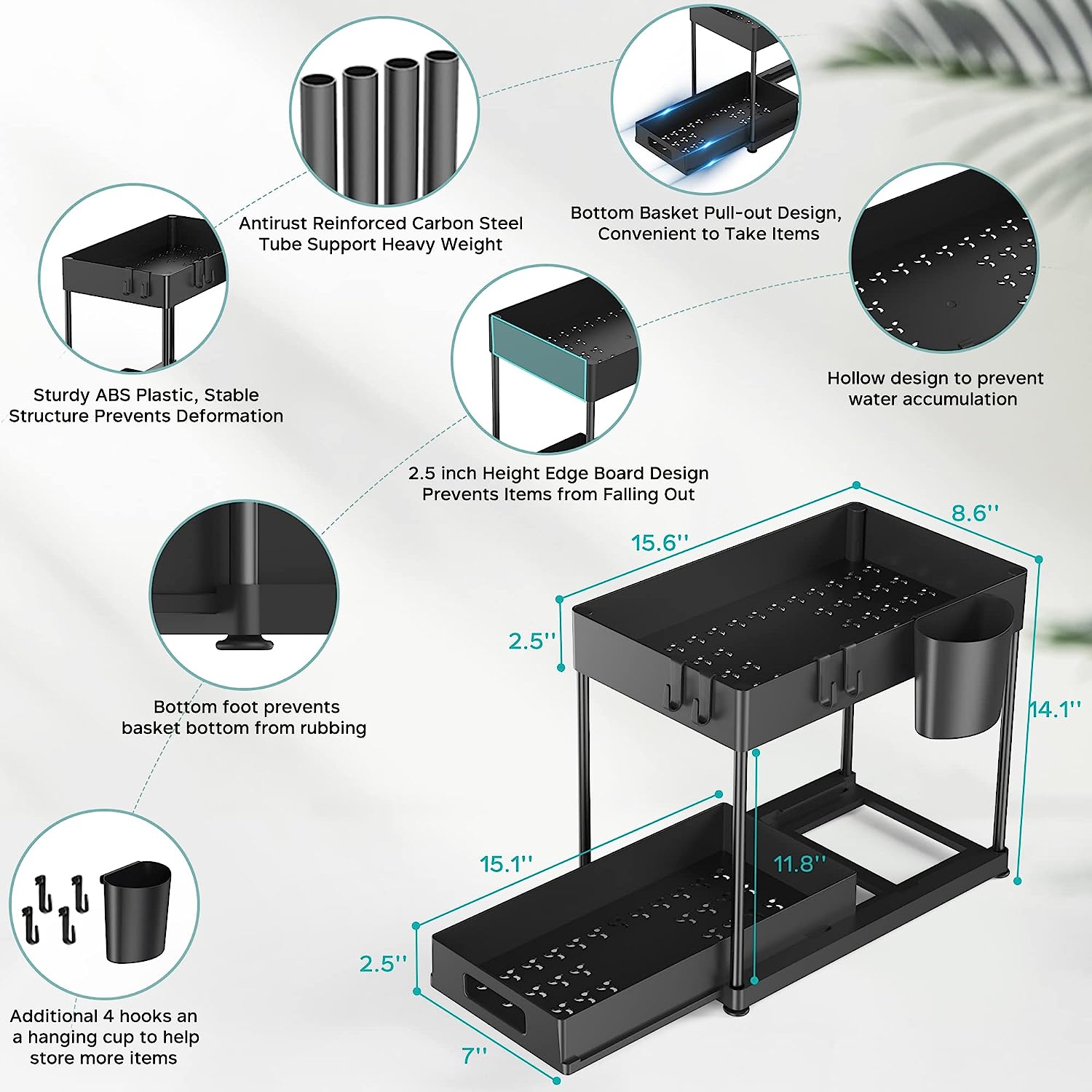 Under Sink Organizers and Storage, 2 Pack, Black, 12 x 8.7 x 15.7"